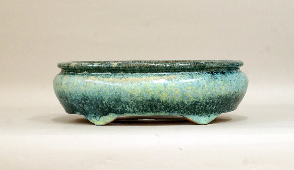 Shuuhou Sack Shaped Bonsai Pot in Green & Yellow Glaze 9.8"(25cm) +++ Shipping Free