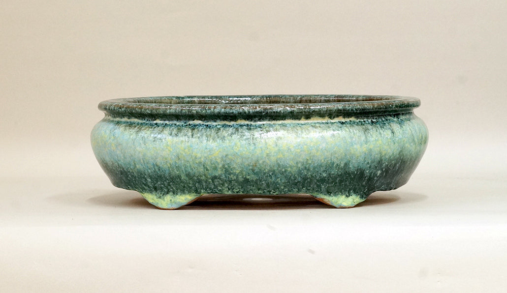 Shuuhou Sack Shaped Bonsai Pot in Green & Yellow Glaze 9.8"(25cm) +++ Shipping Free