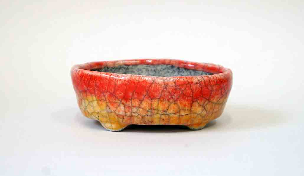 Red & Yellow! Oval Bonsai Pot by Bunzan 4"(10.5cm)+++ Shipping Free