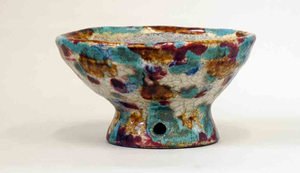Bunzan Bonsai Pot with Red, Yellow & Blue Pattern, High Feet 6.6"(17cm) +++ Shipping Free