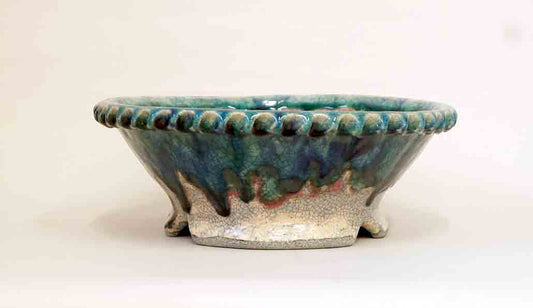 Running Blue & Red Glaze! Bunzan Round Bonsai Pot 9.6"(24.5cm)