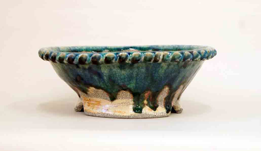 Running Blue & Red Glaze! Bunzan Round Bonsai Pot 9.6"(24.5cm)
