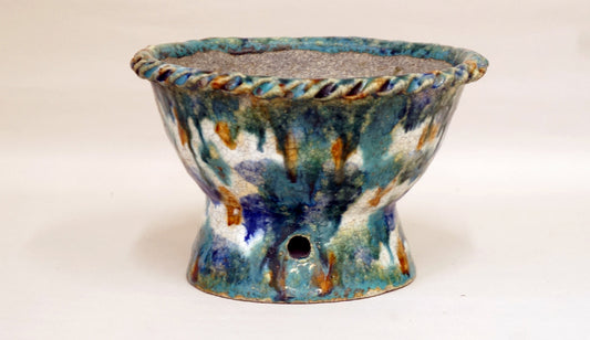 Bunzan Bonsai Pot with Blue, Green & Orange Pattern, High Feet 7"(18cm) +++ Shipping Free