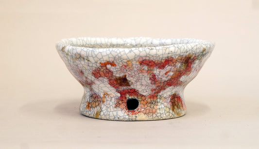 Bunzan Bonsai Pot with White, Red & Orange Pattern, High Feet 5.6"(14.3cm) +++ Shipping Free
