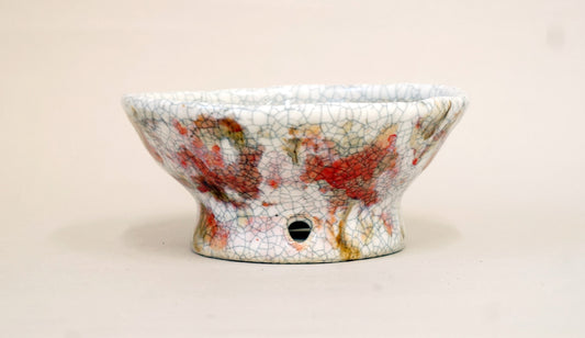 Bunzan Bonsai Pot with White, Red & Orange Pattern, High Feet 5.6"(14.3cm) +++ Shipping Free
