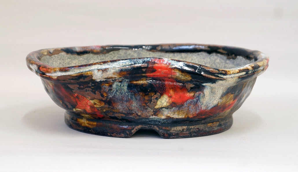 Round Bonsai Pot with Black, Red & White Pattern by Bunzan 10.4
