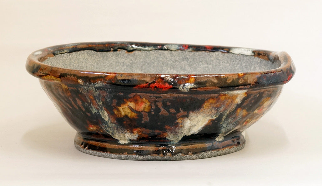 Brown Glazed Bonsai Pot with White & Red by Bunzan 10.2"(26cm) +++ Shipping Free