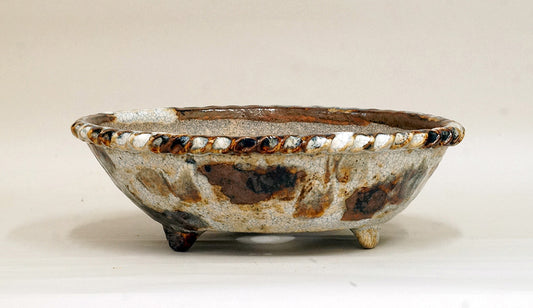 White & Brown Glazed Bonsai Pot by Bunzan 3.1"(26cm) B076 +++ Shipping Free 　