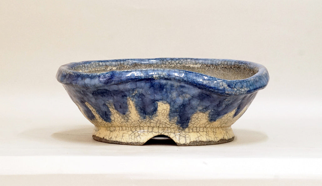 Slightly Flattened Round Pot with Running Blue Glaze by Bunzan 9.6"(24.5cm) B081 +++ Shipping Free
