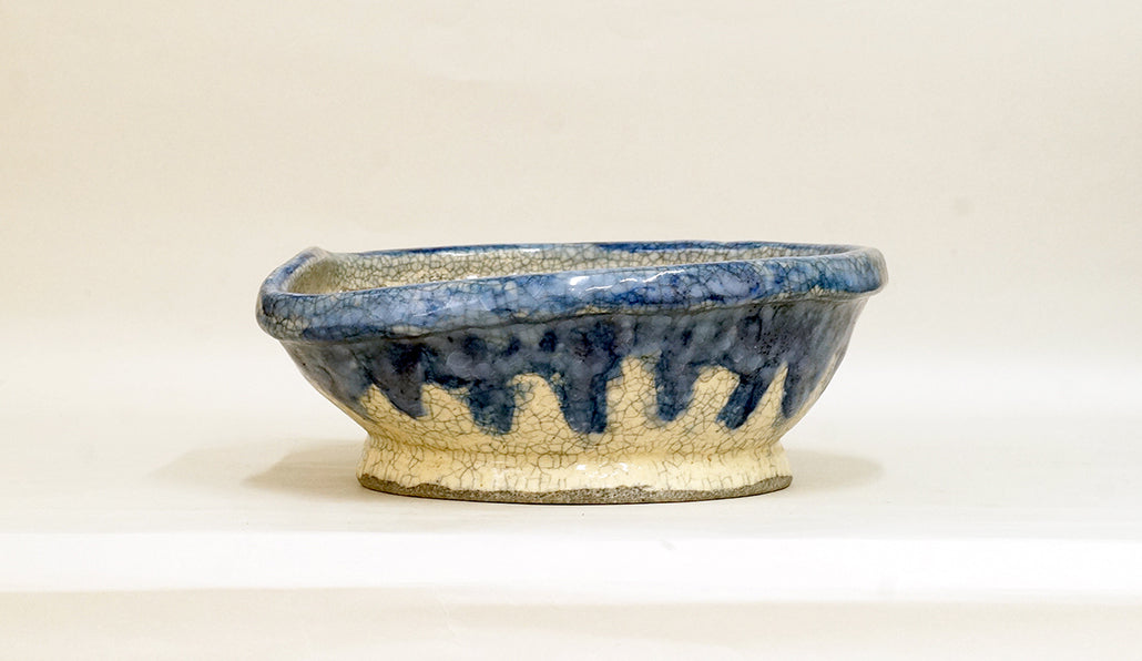 Slightly Flattened Round Pot with Running Blue Glaze by Bunzan 9.6"(24.5cm) B081 +++ Shipping Free