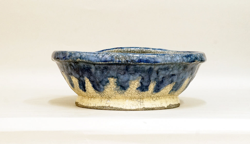 Slightly Flattened Round Pot with Running Blue Glaze by Bunzan 9.6"(24.5cm) B081 +++ Shipping Free