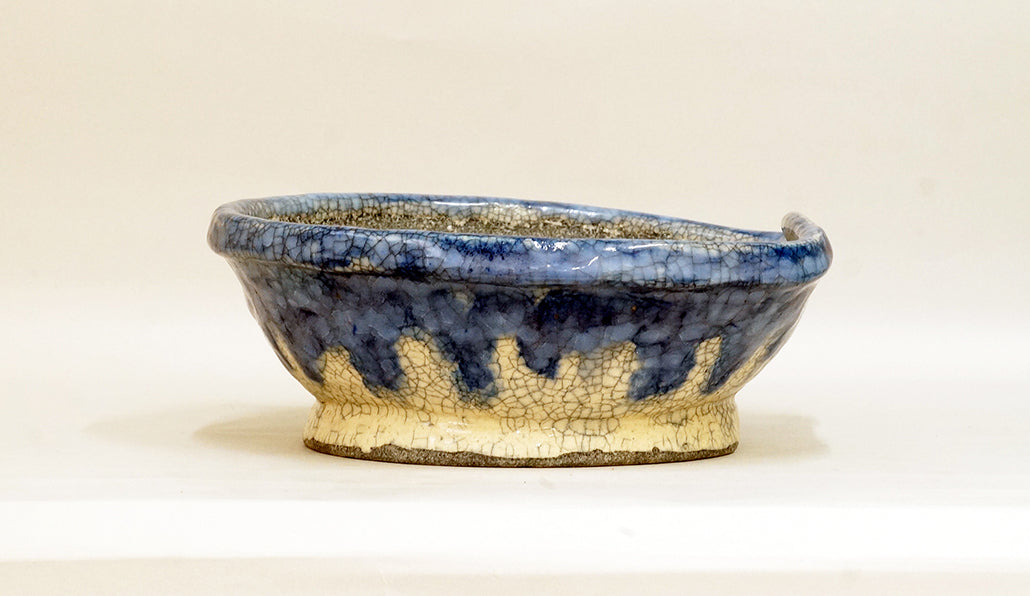 Slightly Flattened Round Pot with Running Blue Glaze by Bunzan 9.6"(24.5cm) B081 +++ Shipping Free