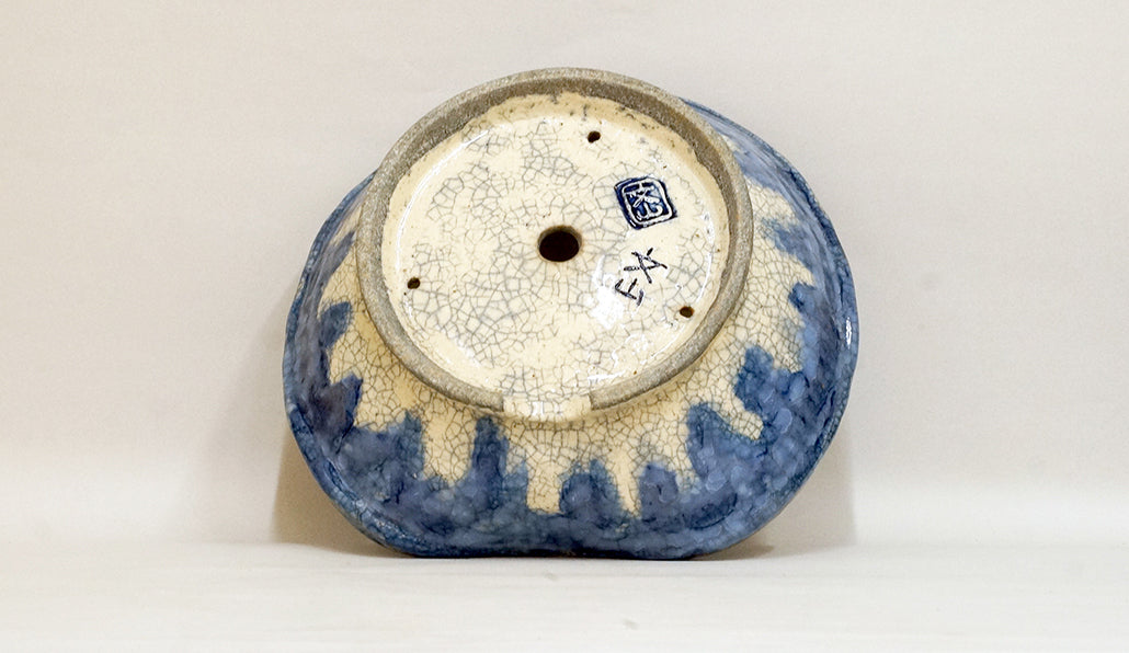 Slightly Flattened Round Pot with Running Blue Glaze by Bunzan 9.6"(24.5cm) B081 +++ Shipping Free