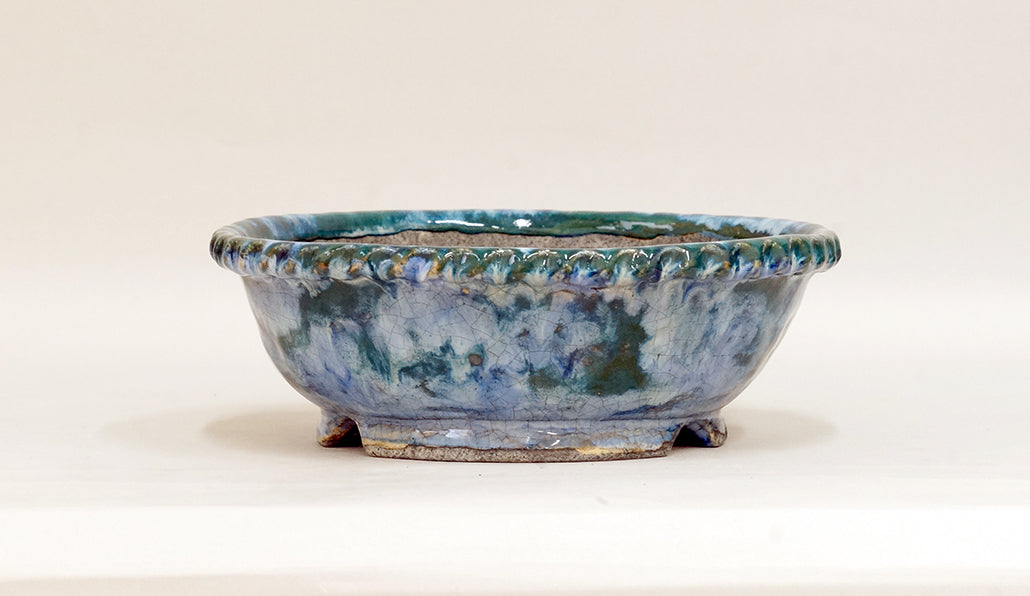 Bunzan Round Bonsai Pot with Green & White Glaze 8.7"(19.5cm) B082  +++ Shipping Free