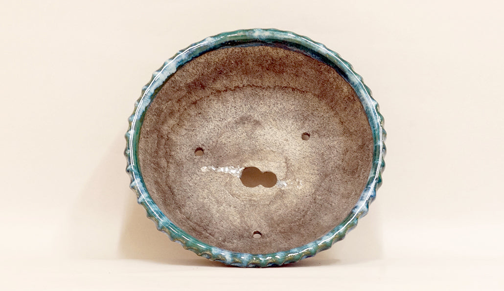 Bunzan Round Bonsai Pot with Green & White Glaze 8.7"(19.5cm) B082  +++ Shipping Free