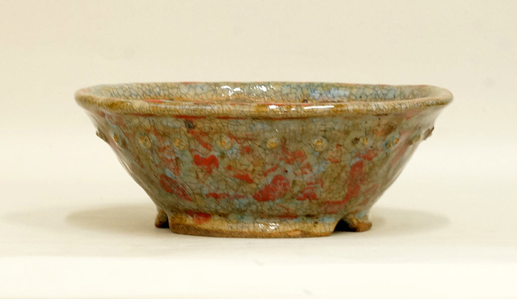 Bunzan Round Bonsai Pot with Light blue & Red Glaze 8.5"(21.5cm) B086 +++ Shipping Free