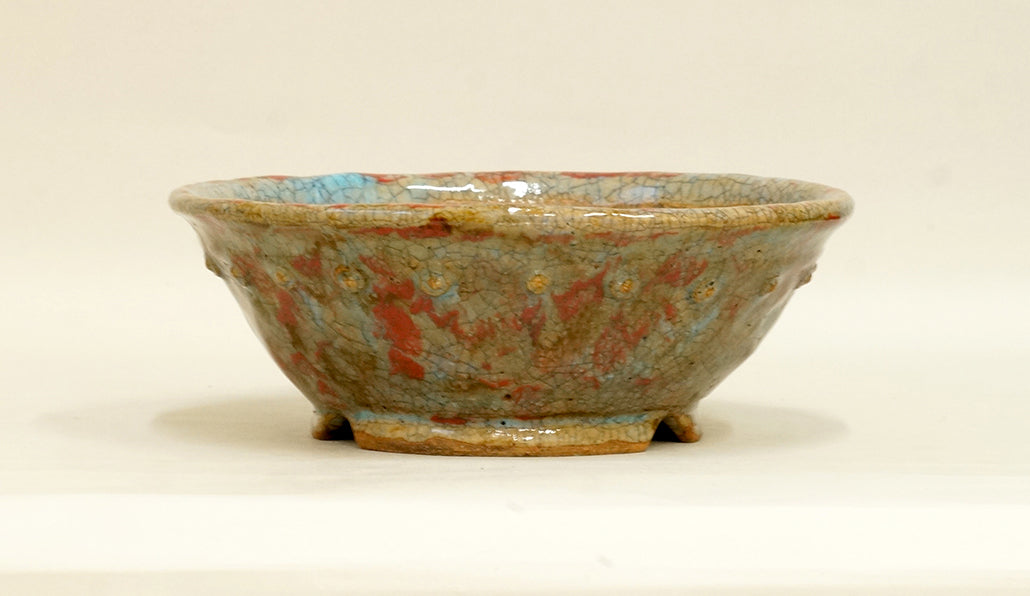 Bunzan Round Bonsai Pot with Light blue & Red Glaze 8.5"(21.5cm) B086 +++ Shipping Free