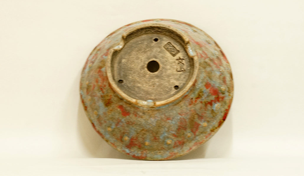 Bunzan Round Bonsai Pot with Light blue & Red Glaze 8.5"(21.5cm) B086 +++ Shipping Free