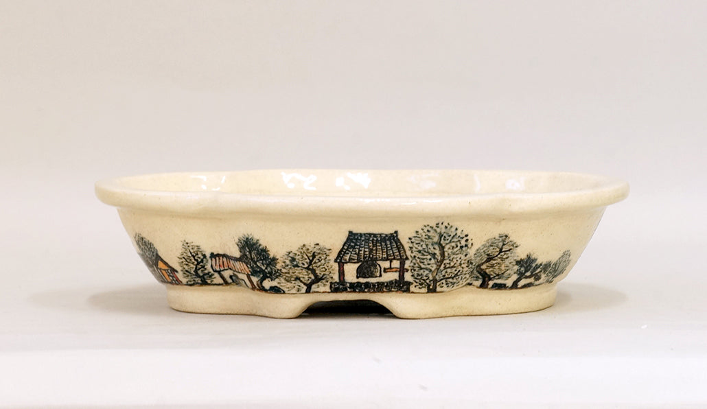 Bonsai Pot Featuring a Scene of a Historic Post Town by Bunzan 9.2"(23.3cm) B087　　