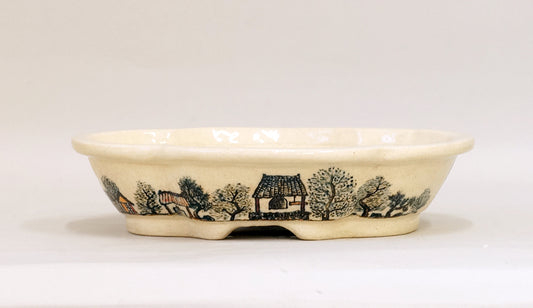 Bonsai Pot Featuring a Scene of a Historic Post Town by Bunzan 9.2"(23.3cm) B087　　