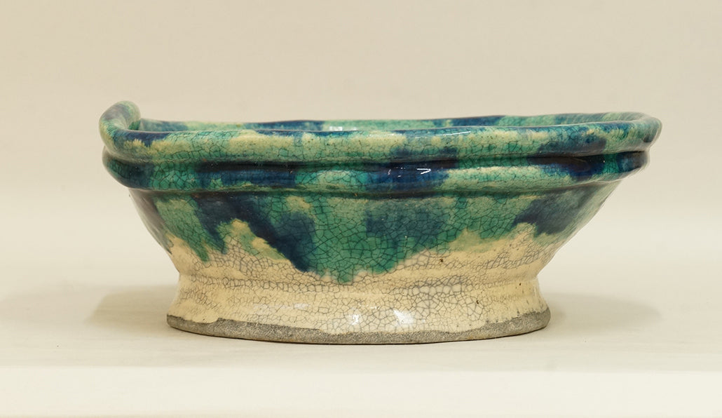 Slightly Flattened Round Pot with Green & Blue Glaze by Bunzan 10"(25.5cm) B088 +++ Shipping Free