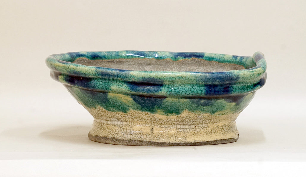 Slightly Flattened Round Pot with Green & Blue Glaze by Bunzan 10"(25.5cm) B088 +++ Shipping Free