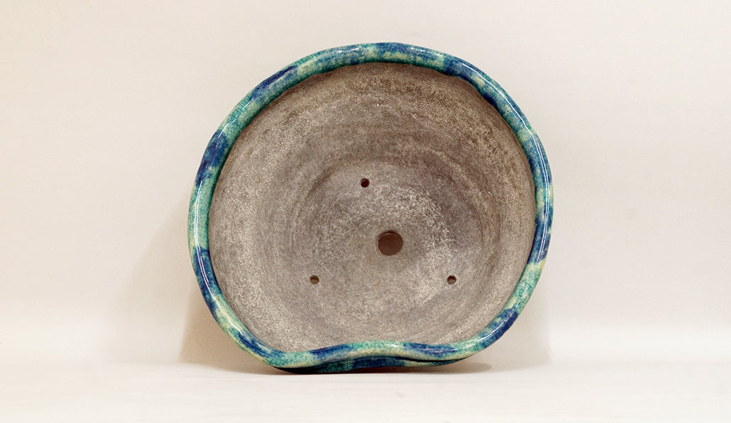 Slightly Flattened Round Pot with Green & Blue Glaze by Bunzan 10"(25.5cm) B088 +++ Shipping Free