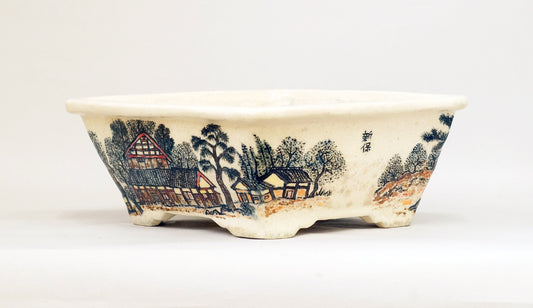 Bonsai Pot Featuring a Scene of a hometown by Bunzan 9"(22.8cm) B090