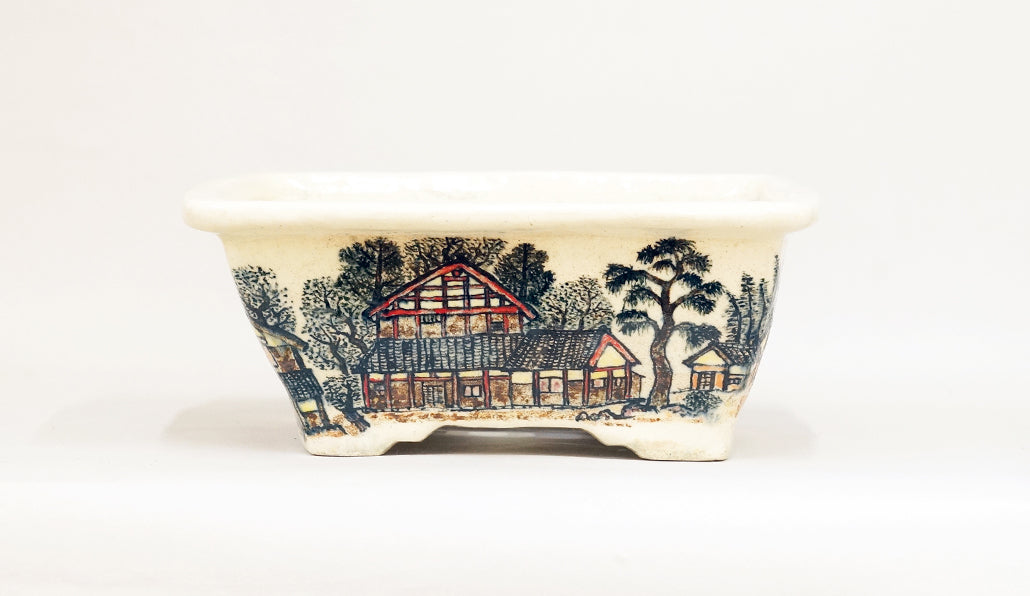 Bonsai Pot Featuring a Scene of a hometown by Bunzan 9"(22.8cm) B090
