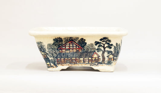 Bonsai Pot Featuring a Scene of a hometown by Bunzan 9"(22.8cm) B090