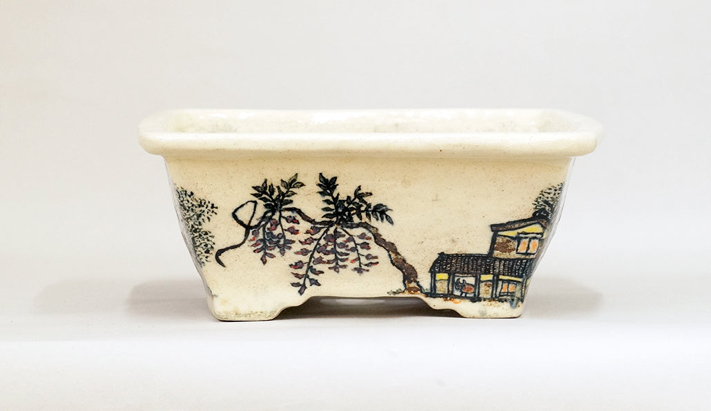 Bonsai Pot Featuring a Scene of a hometown by Bunzan 9"(22.8cm) B090