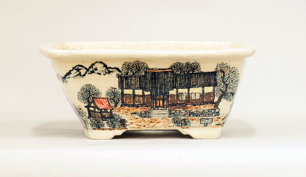 Bonsai Pot Featuring a Scene of a Historic Temple by Bunzan 10.3"(26.2cm) B091　　