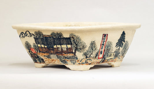 Bonsai Pot Featuring a Scene of a Historic Temple by Bunzan 10.3"(26.2cm) B091　　