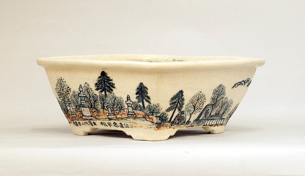 Bonsai Pot Featuring a Scene of a Historic Temple by Bunzan 10.3"(26.2cm) B091　　