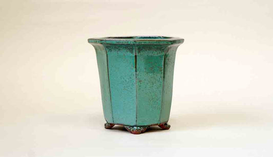 Eimei Octagonal Cascade Style Bonsai Pot in Blue Oribe 4.3"(11cm)+++Shipping Free