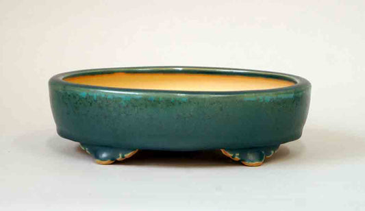 Eimei Oval Bonsai Pot with Blue-Oribe 7.2"(18.4cm) +++ Shipping Free