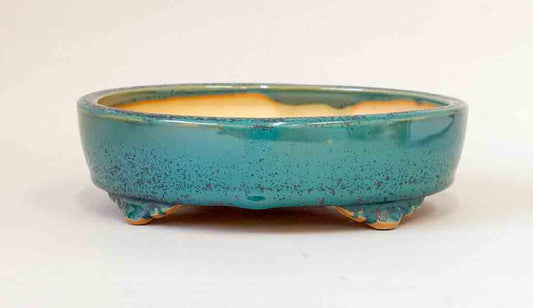 Eimei Oval Bonsai Pot with lustrous Oribe glaze 7.2"(18.4cm) +++ Shipping Free