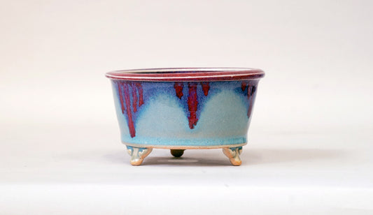 Eimei Round Bonsai Pot in Sky Blue with Running Red 4"(10.5cm) E408 +++ Shipping Free