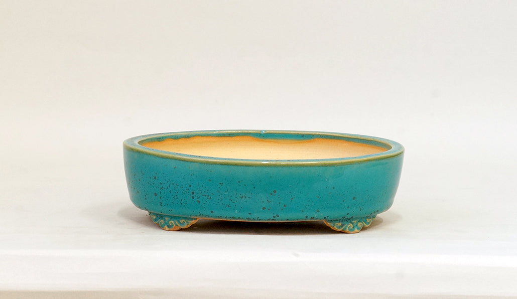 Eimei Blue Oribe Glazed Oval Bonsai Pot 7"(18cm) E619
