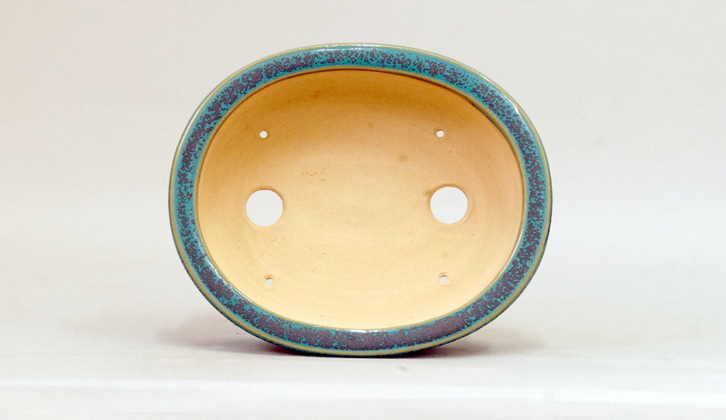 Eimei Blue Oribe Glazed Oval Bonsai Pot with Rim 7.1"(18cm) E623