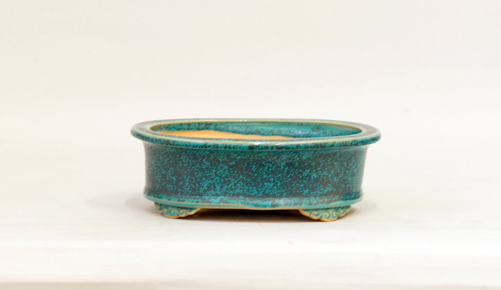 Eimei Blue Oribe Glazed Oval Bonsai Pot with Rim 6.5"(16.5cm) E624