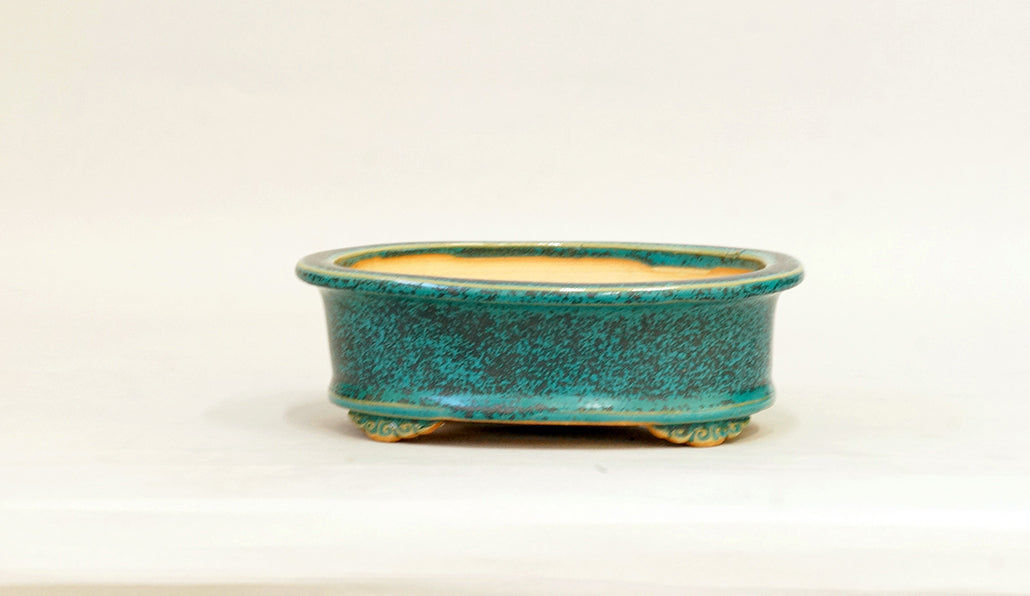 Eimei Blue Oribe Glazed Oval Bonsai Pot with Rim 6.5"(16.5cm) E624