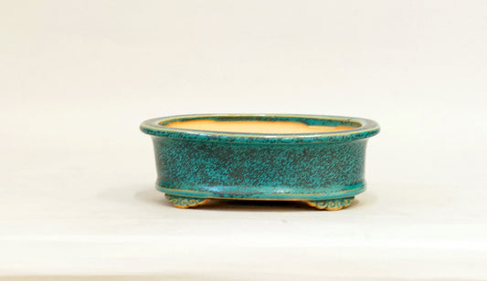 Eimei Blue Oribe Glazed Oval Bonsai Pot with Rim 6.5"(16.5cm) E624