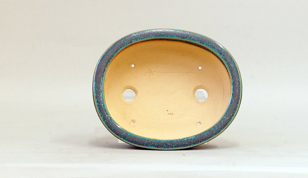 Eimei Blue Oribe Glazed Oval Bonsai Pot with Rim 6.5"(16.5cm) E624