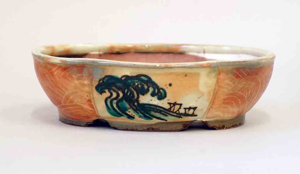 Ships & Waves! Gassan Red Painting Bonsai Pot 6.6"(17cm)