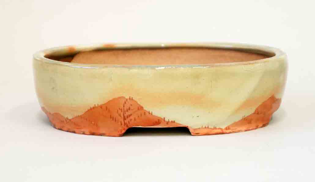 Gassan Oval Bonsai Pot with the Red Painting of Mountains 6.4"(16.5cm)