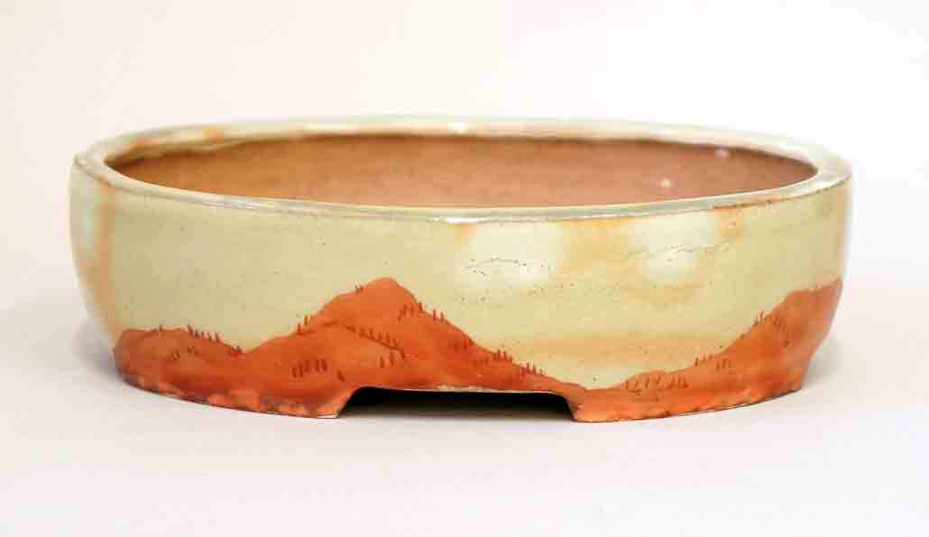 Gassan Oval Bonsai Pot with the Red Painting of Mountains 6.4"(16.5cm)