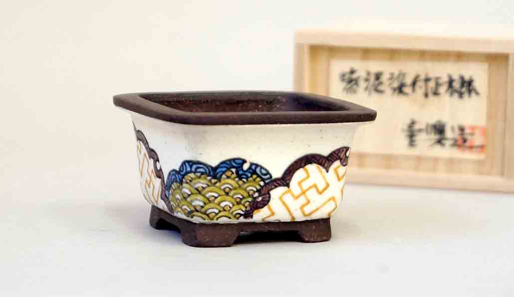 Ikko Square Bonsai Pot with the Painting of Japanese Traditional Pattern 2.6"(6.8cm)