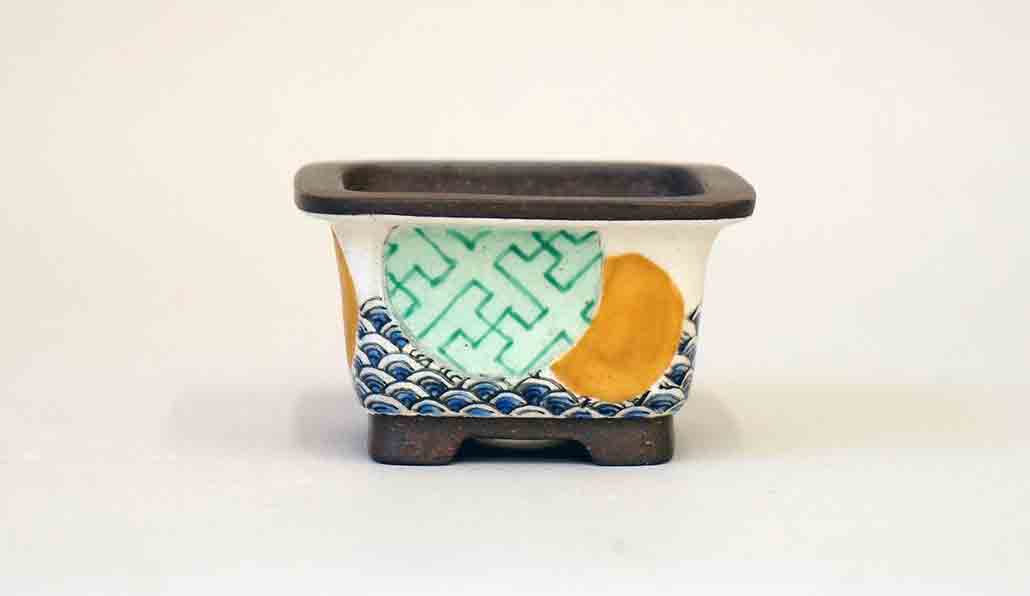 Ikko Square Bonsai Pot with the Painting of Wave Pattern 2.6"(6.8cm)