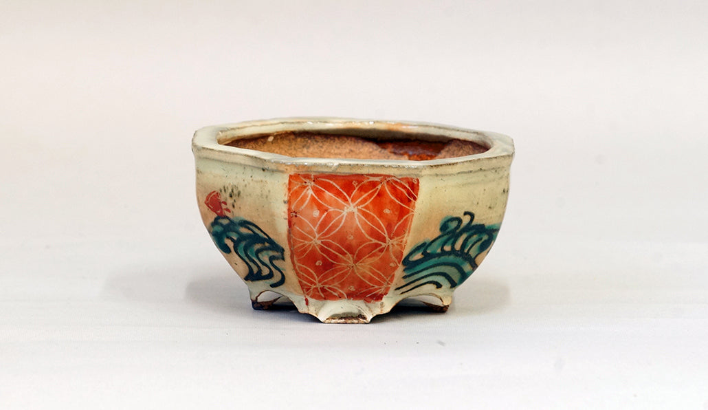 Gassan Octagonal Red Painting Pot with Sun & Chidori 3.7"(9.5cm) G161 +++ Shipping Free